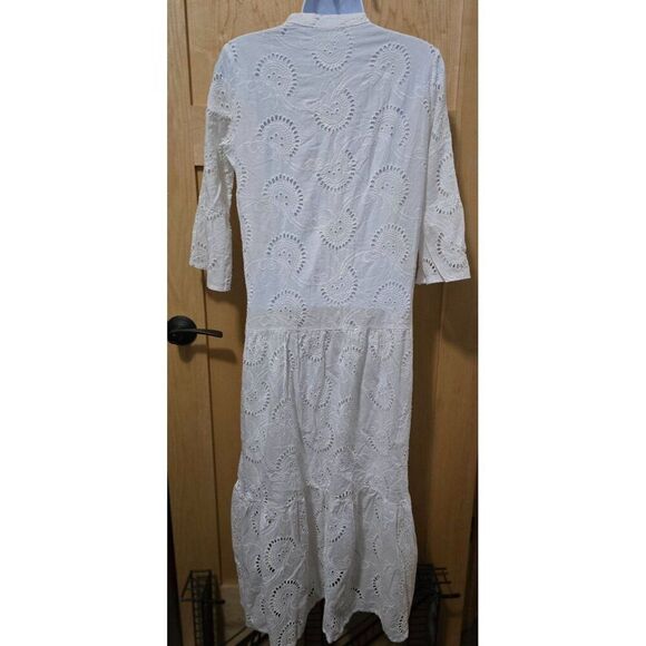 White Embroidered Eyelet Button-Front Midi Dress 3/4 Sleeves Mandarin Collar - Picture 2 of 10